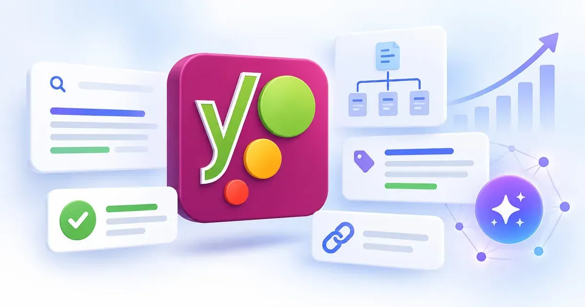 תוסף Yoast SEO לוורדפרס: הלוגו של יוסט לצד כרטיסי תוצאת חיפוש, מבנה אתר, קישורים וגרף צמיחה